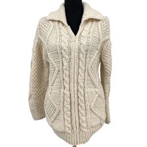 Vintage Sisandina Wool Chunky Cable Knit Cream‎ Sweater Jacket Ecuador Med